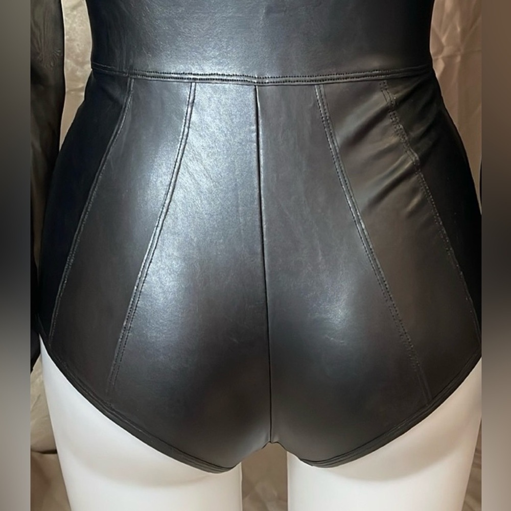 Honey Birdette RARE Black Sheer Mesh and Faux Leather Plunge Bodysuit - Picture 7 of 8